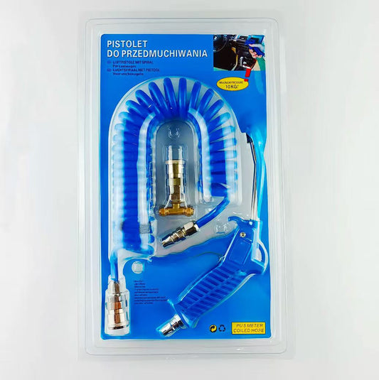 Pneumatic cleaning gun kit with heavy-duty rubber hose and brass three-way fitting for engine and machinery cleaning