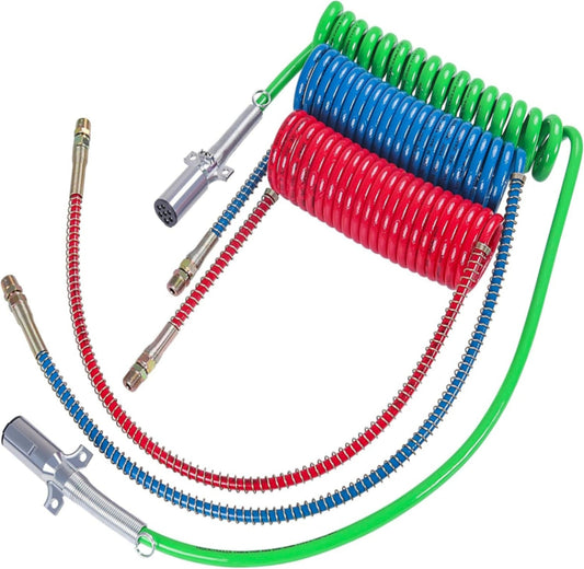 3-in-1 long-tail air brake spiral hose and 7-way electrical cable kit for semi-trucks, trailers, and tractors