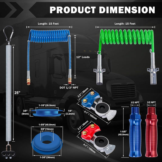 Spiral air brake hoses and electrical conduit kit for trailers, semi-trailers, and tow trailers with full installation accessories