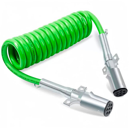 Semi-truck 7-pin coiled electrical cable with ABS and lighting system integration