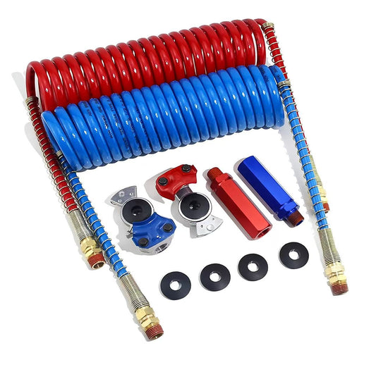 Semi-truck and trailer coiled air brake tubing with emergency connectors and durable extension handles