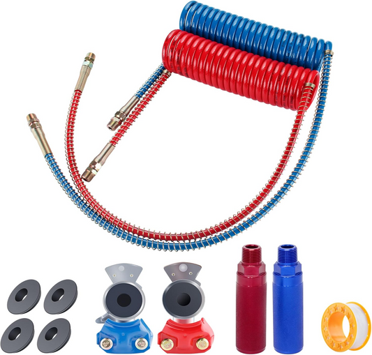 Trailer and RV air brake coiled hose assembly with anodized aluminum handle grips