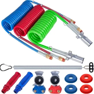 3-Piece Coiled Air Brake Hose & 7-Way Cable Kit with Gladhands & Aluminum Handles (Complete Set) | Victory Technology
